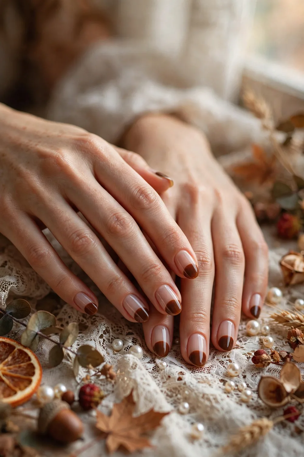 Chestnut french tip Thanksgiving nails