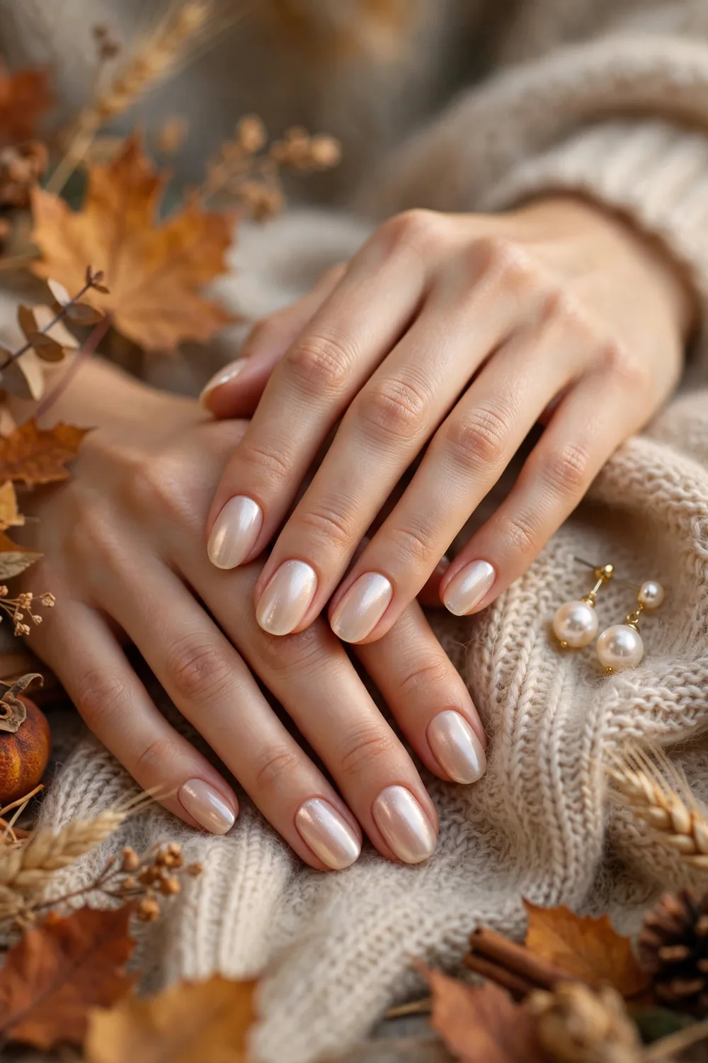 Pearl glazed nude Thanksgiving nails