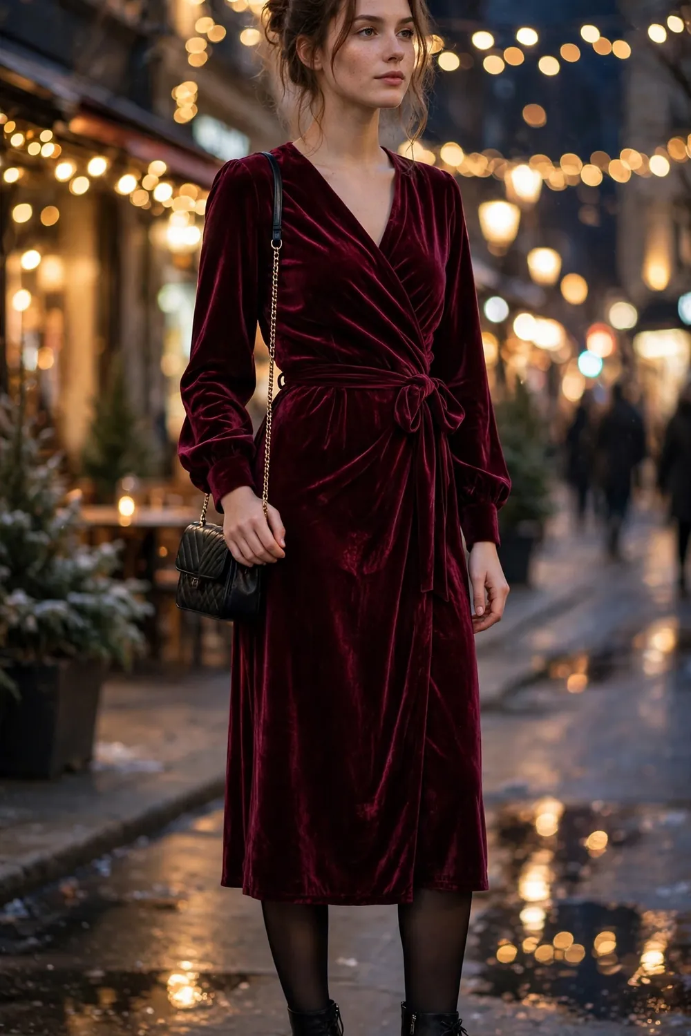 Woman wearing a burgundy velvet wrap midi dress with black tights and heeled ankle boots