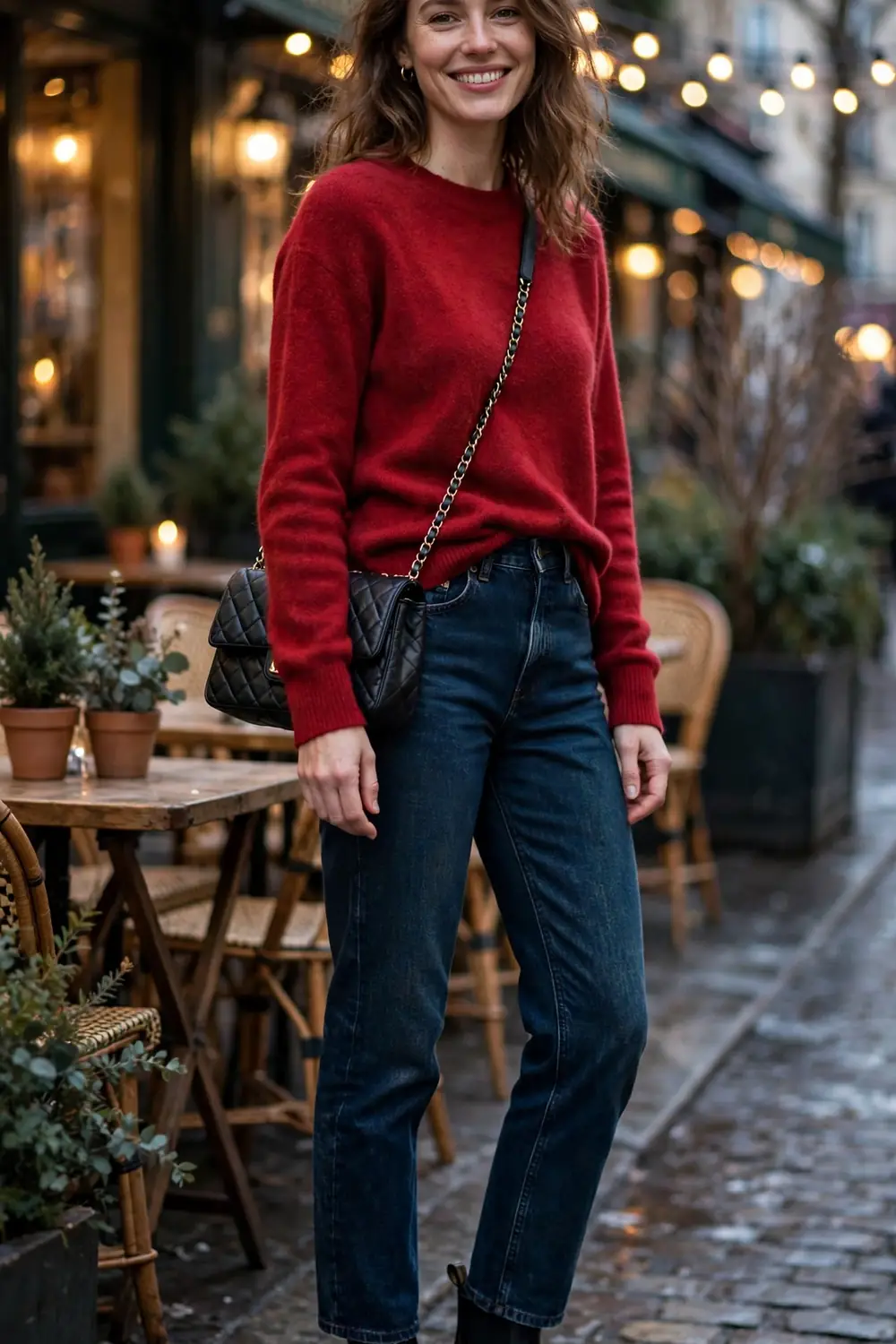 Woman wearing a red cashmere sweater with dark wash jeans and black ankle boots