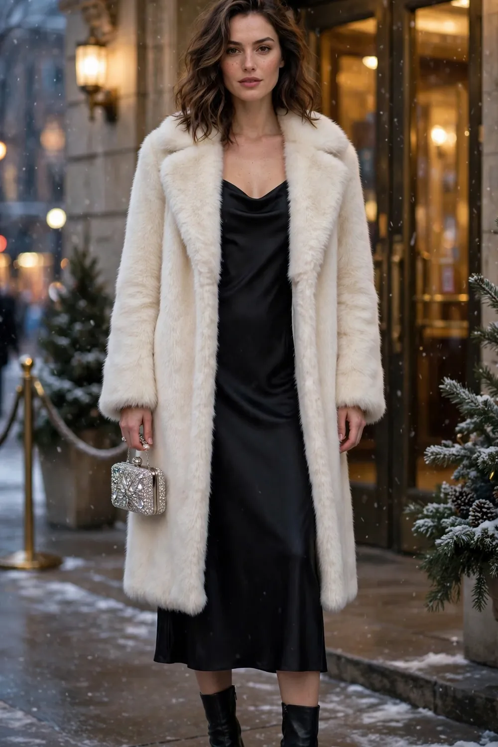 Woman wearing a cream faux fur coat over a black satin slip dress