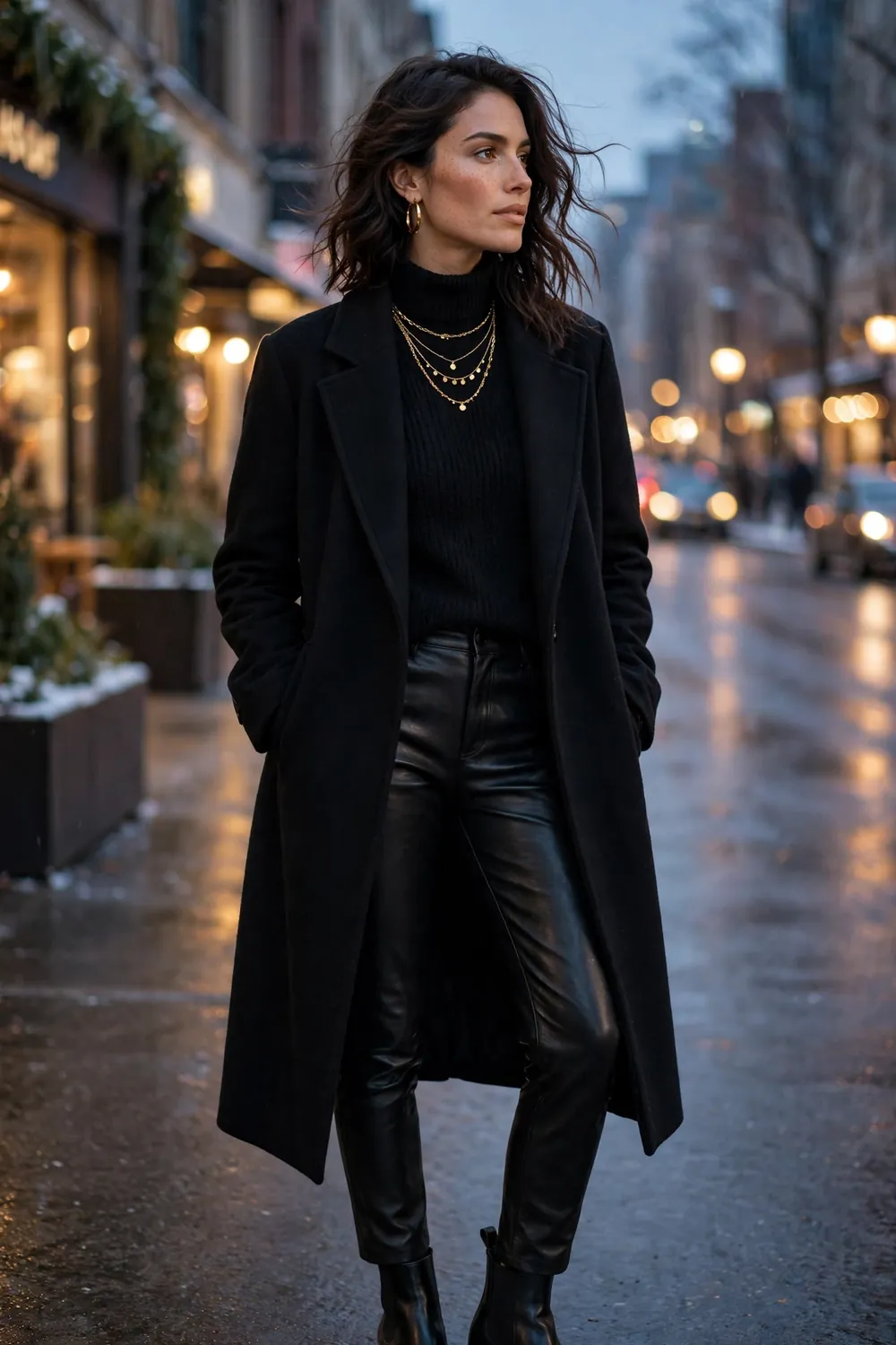 Woman in an all black winter outfit with layered gold jewellery on an evening street