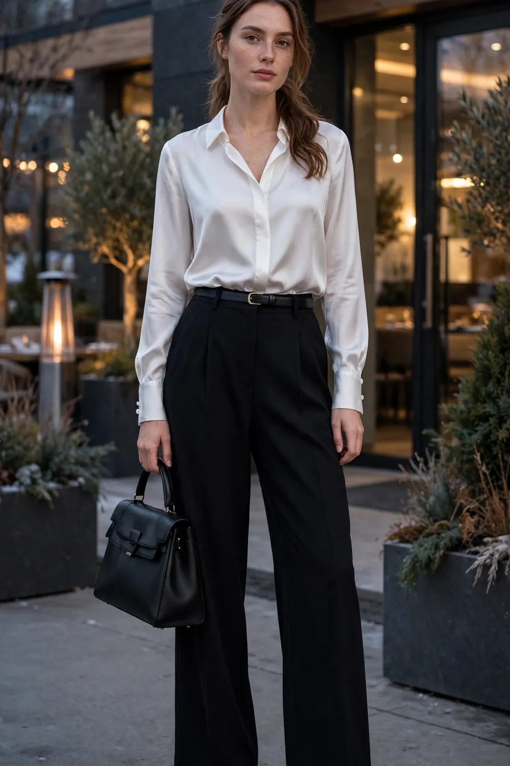 Woman in a white silk blouse with black wide leg trousers and pointed heels