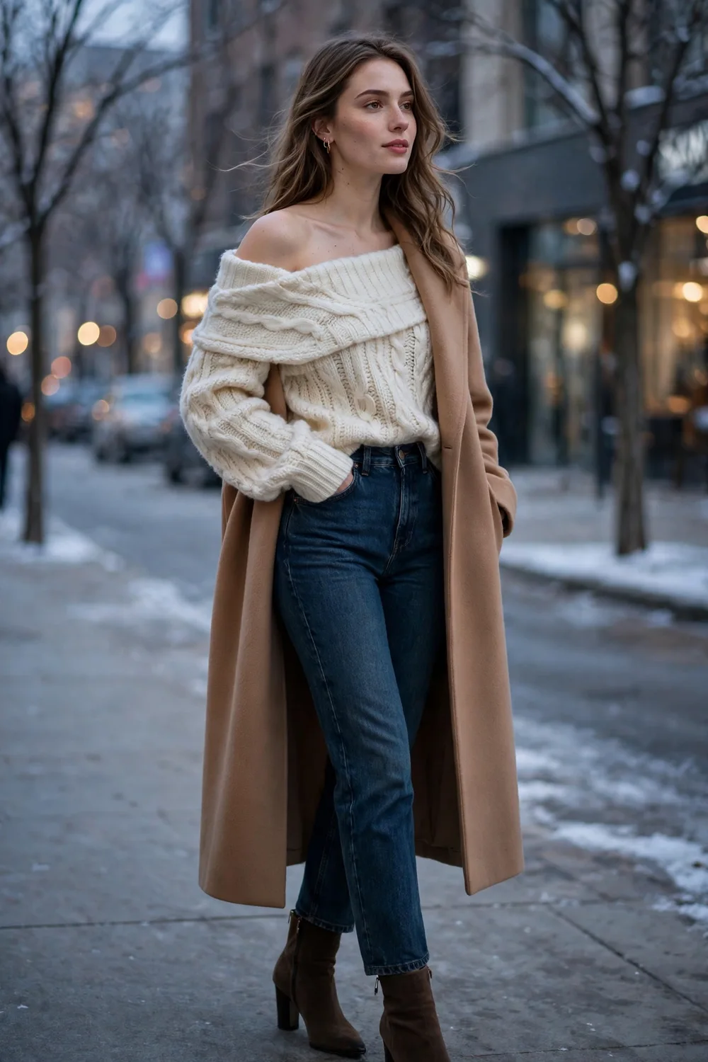 Woman in an off the shoulder cream sweater with high waisted dark jeans and boots