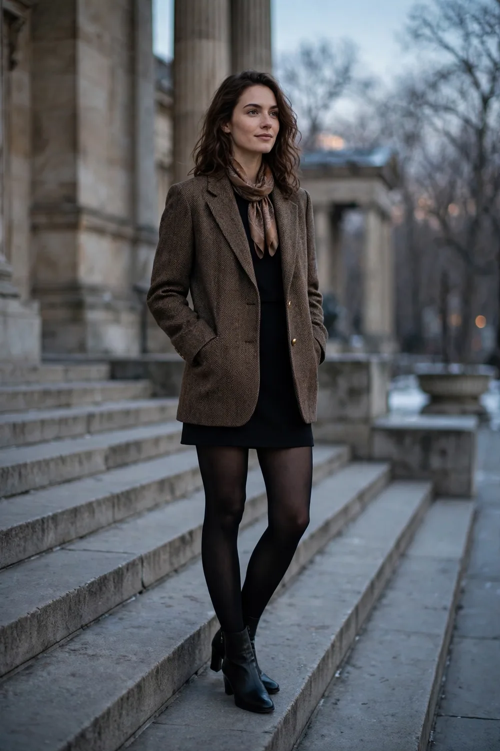 Woman wearing a tweed blazer over a simple black mini dress with tights and boots