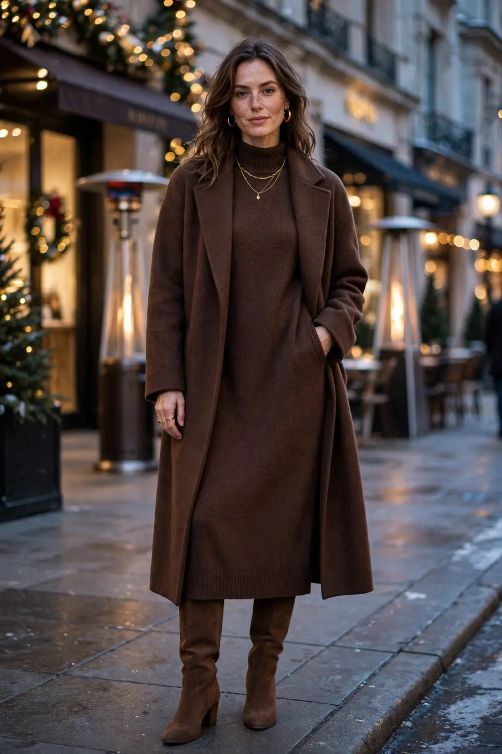 Woman in a head to toe chocolate brown outfit with a knit dress and suede boots