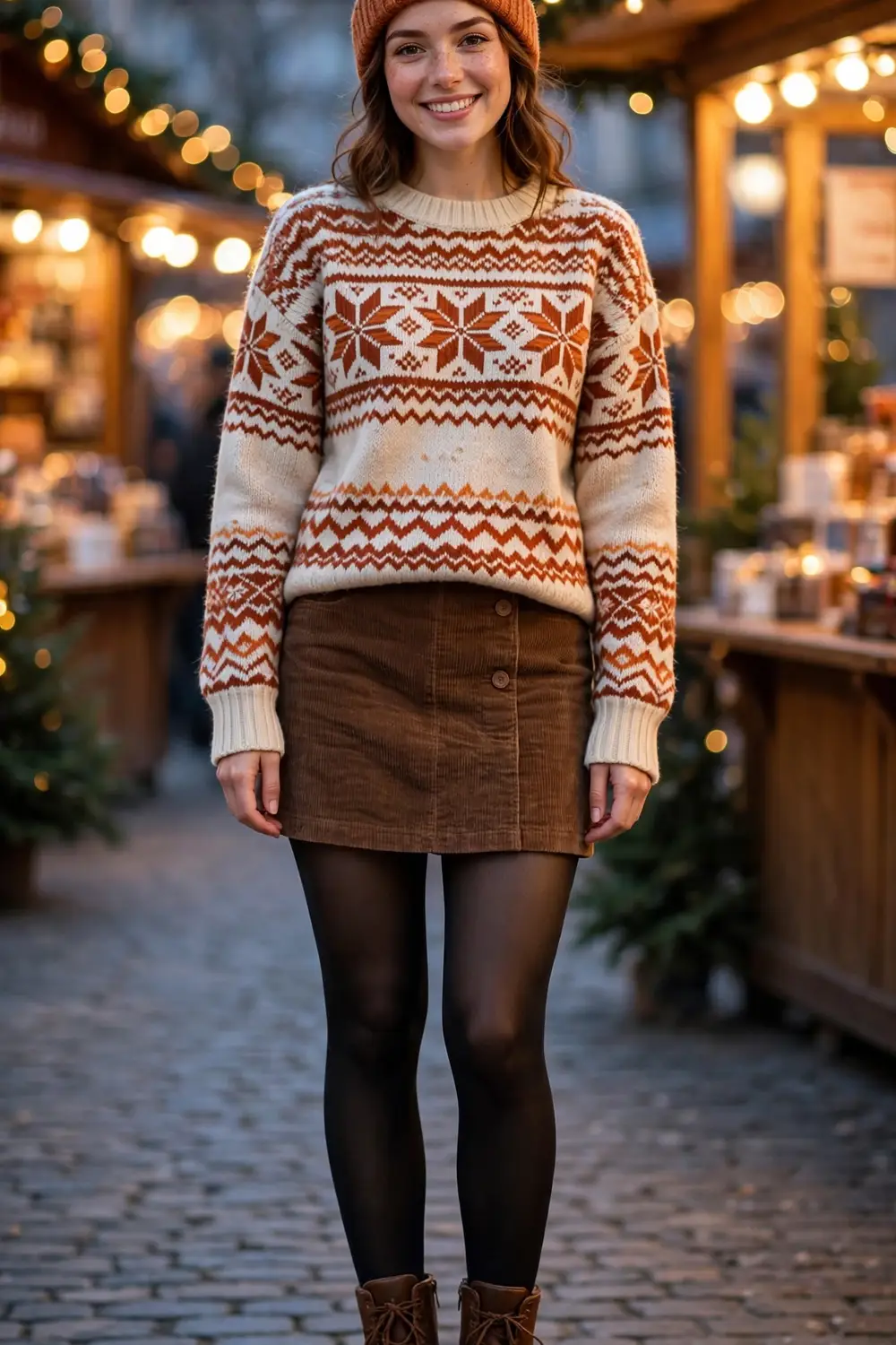 Woman in a fair isle knit sweater with a brown corduroy mini skirt and chunky boots