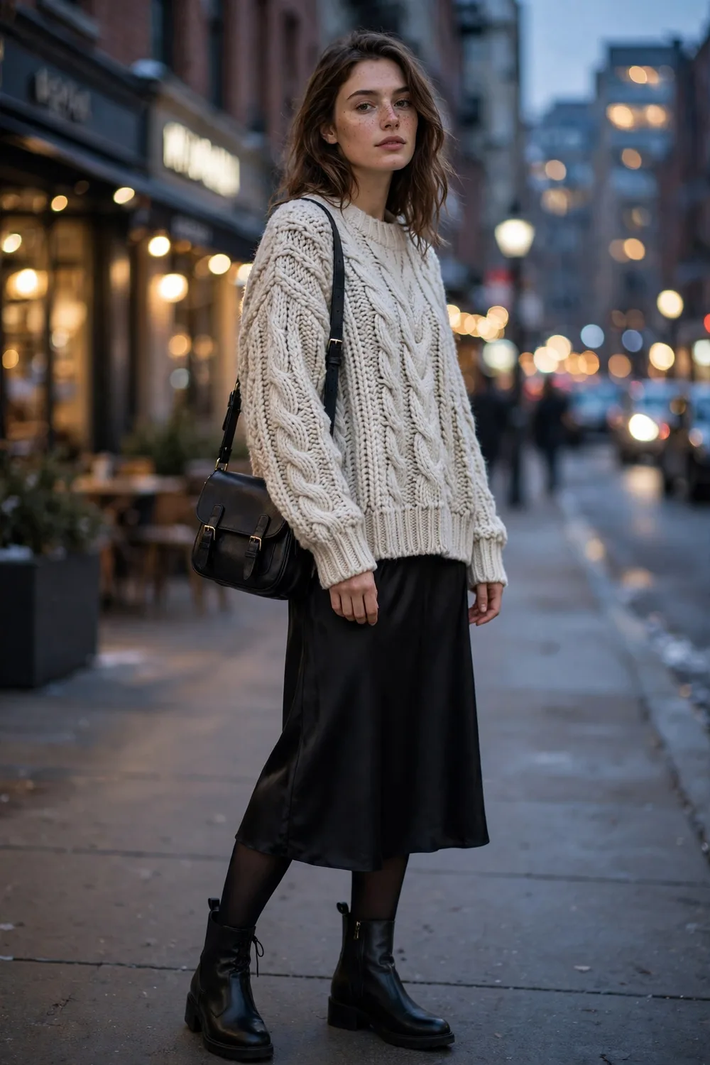 Woman wearing a chunky cream knit sweater with a black satin slip skirt and boots