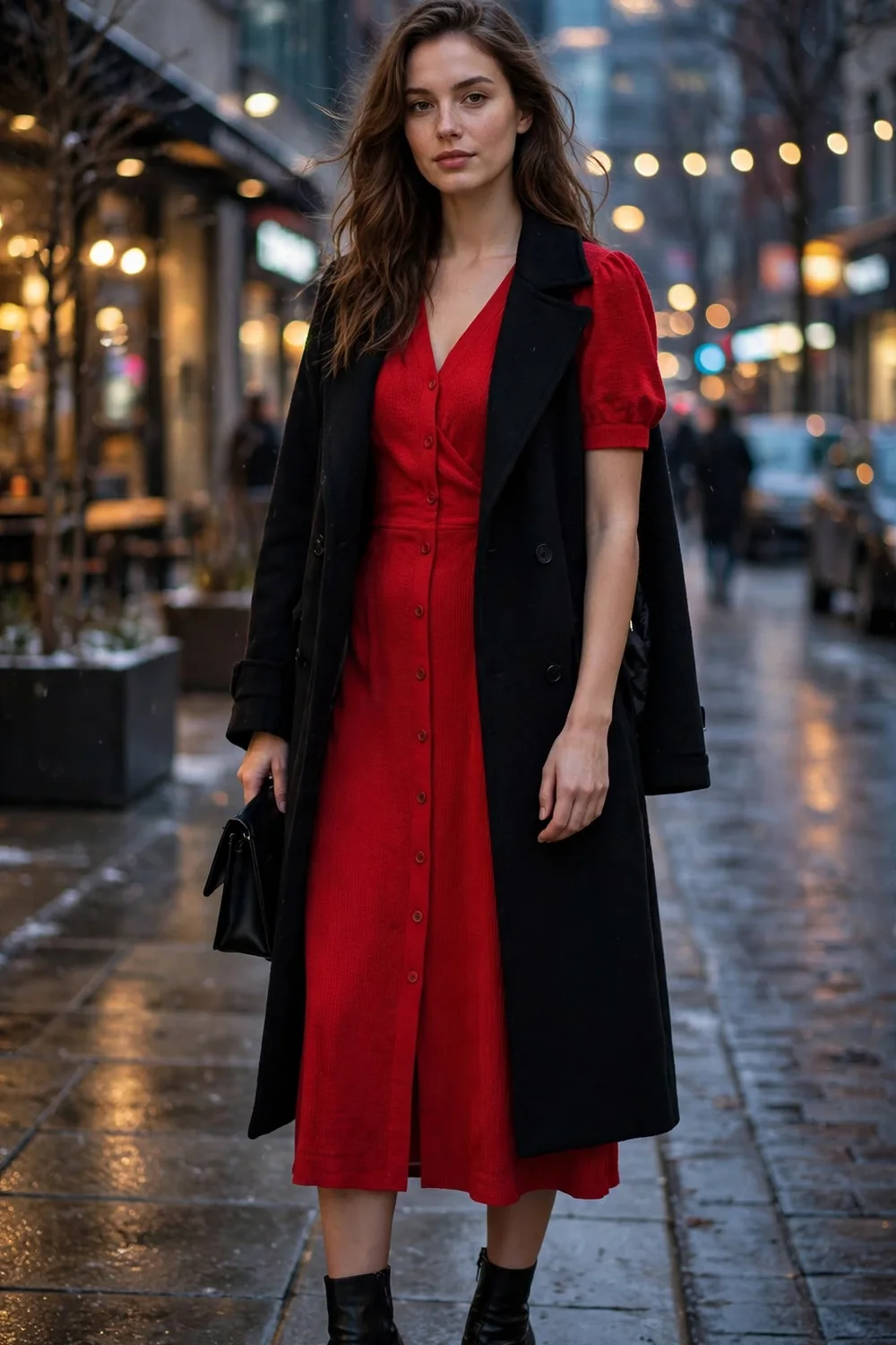Woman in a red midi dress with a black wool coat and black heeled boots
