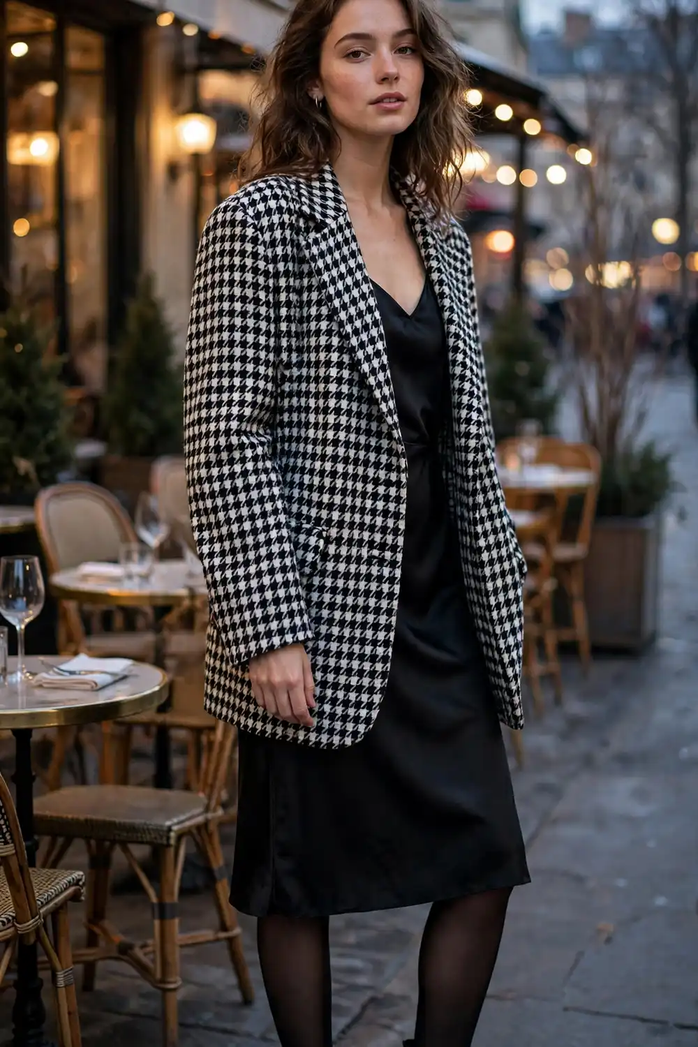 Woman wearing a houndstooth blazer over a black satin slip dress with tights