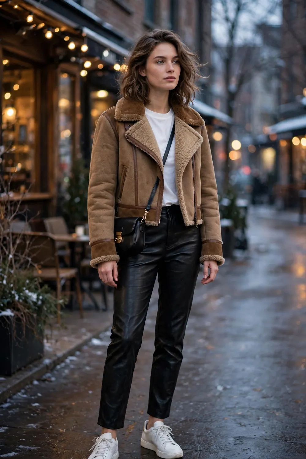 Woman in a shearling aviator jacket with a white tee and black leather pants