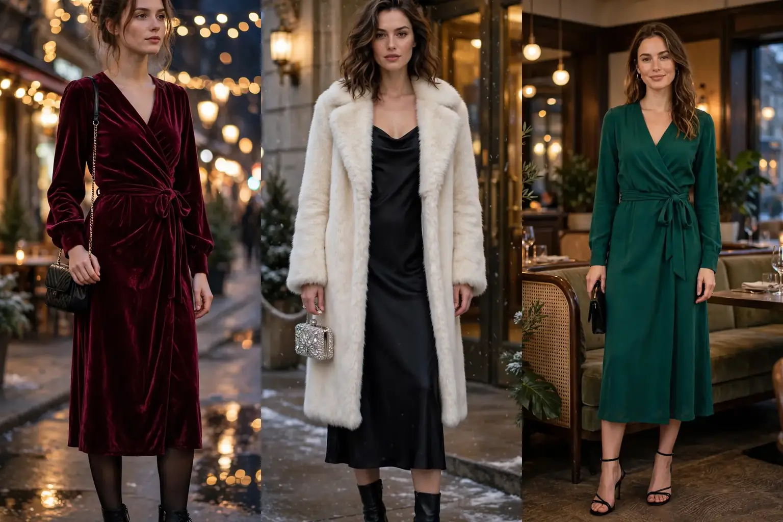 Winter date night outfit ideas collage: burgundy velvet wrap dress, cream faux fur coat over black slip dress, emerald green midi dress