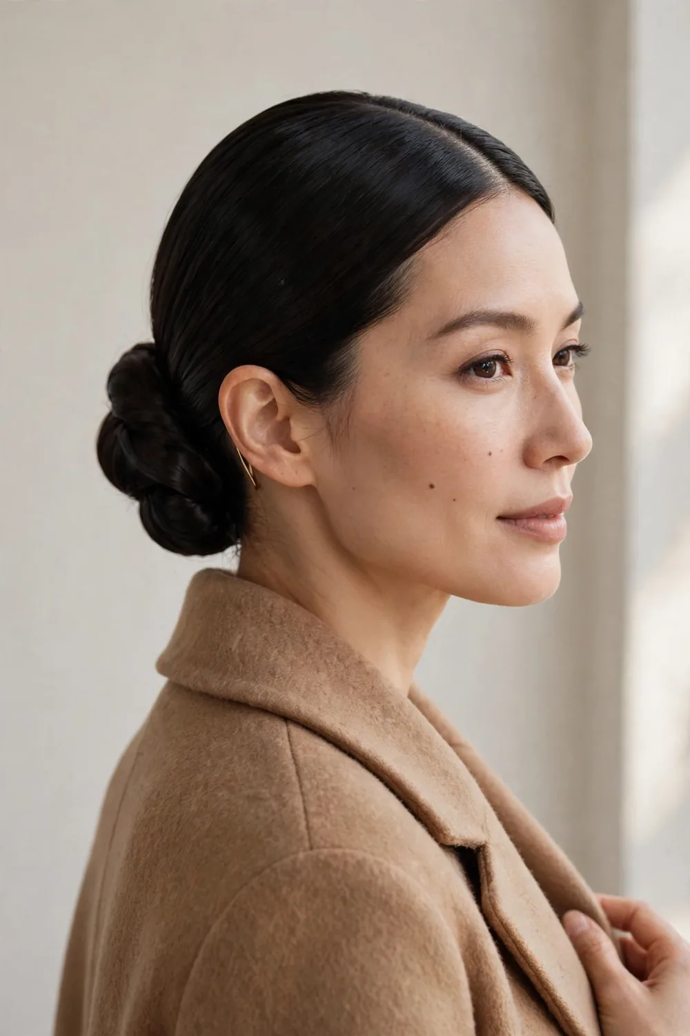 Elegant sleek low chignon at the nape of the neck on a woman in a winter coat