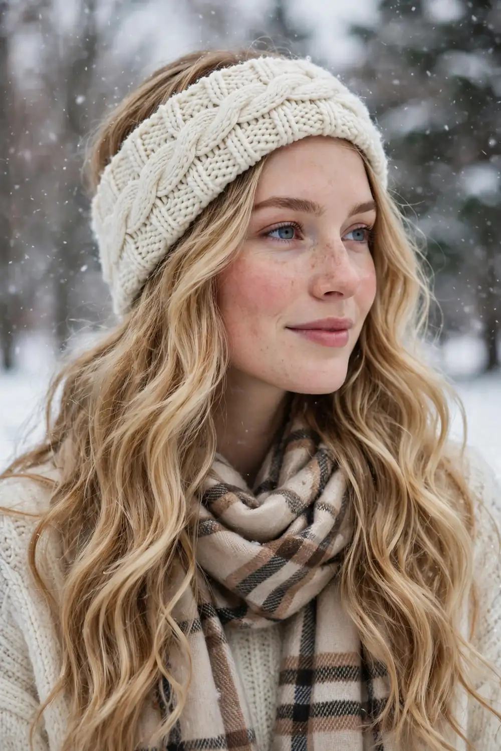 Woman wearing a chunky knit headband over loose winter waves with snow in the background