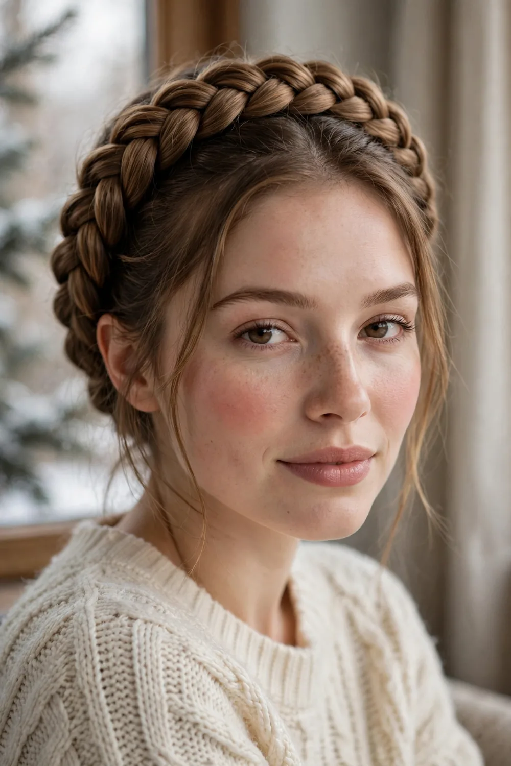 Braided crown updo wrapping around the head like a halo on a woman with winter makeup