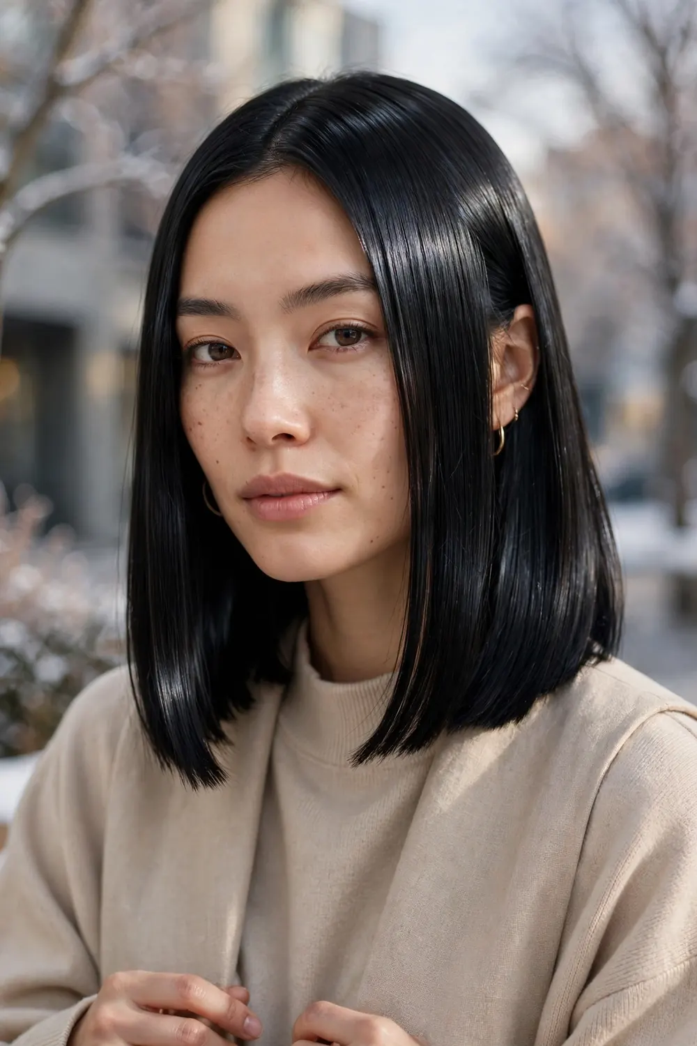 Glass hair lob with mirror like shine on straight shoulder length hair in natural light