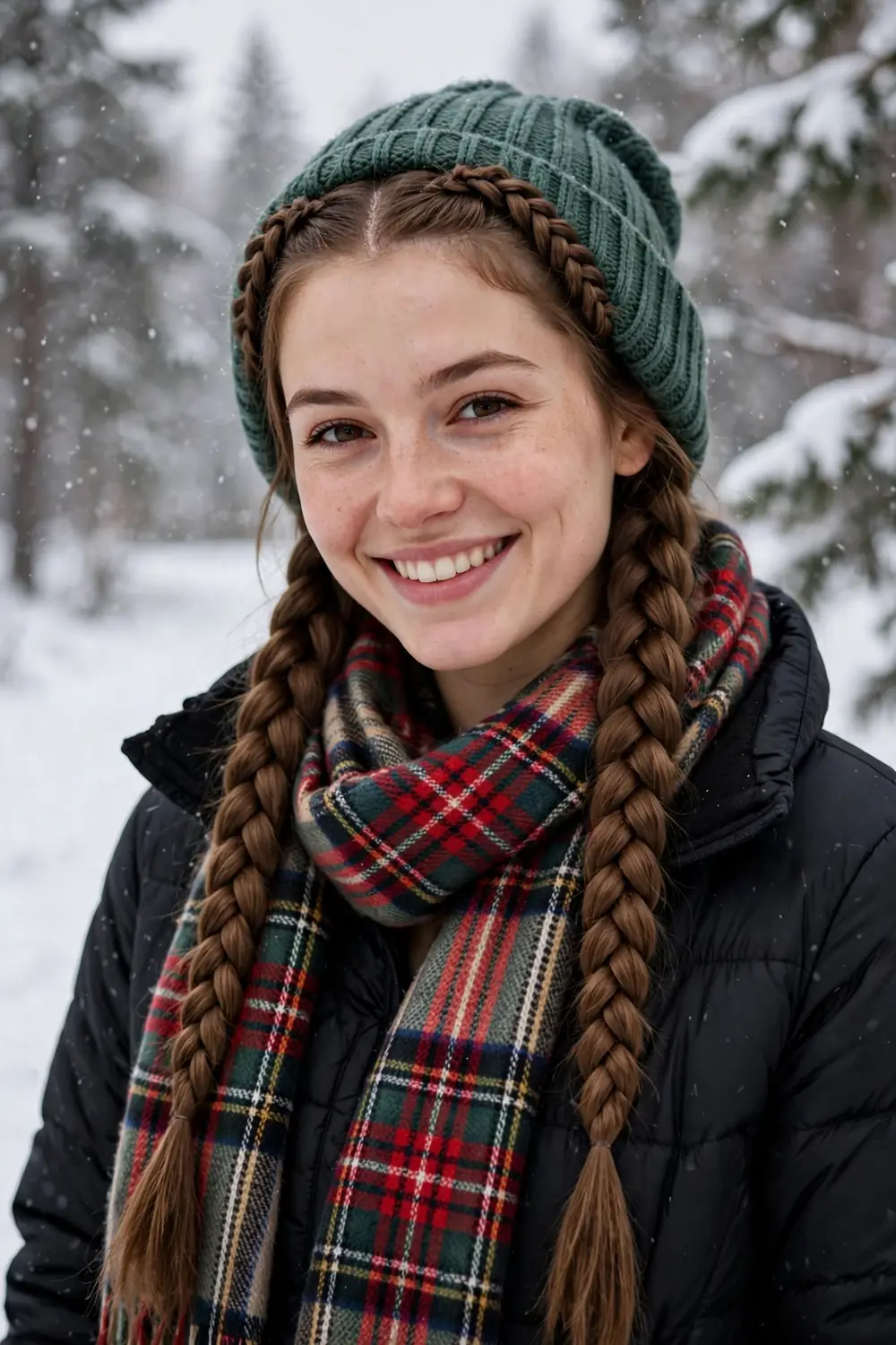 Two neat French braid pigtails on a young woman wearing a plaid winter scarf