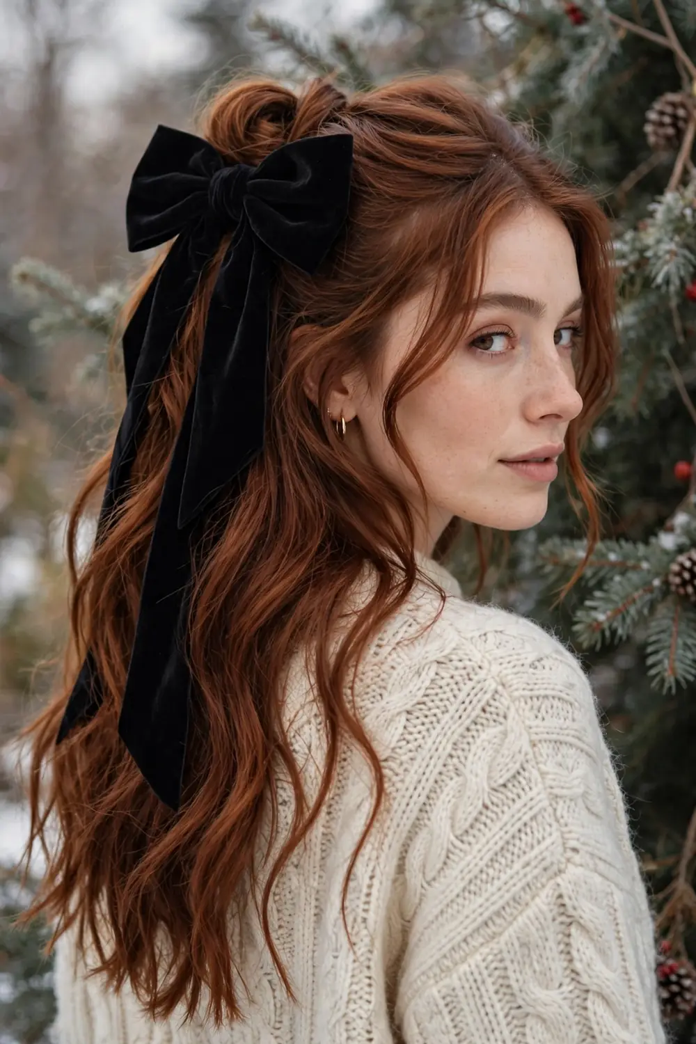Half up hairstyle finished with a large black velvet bow on long wavy hair