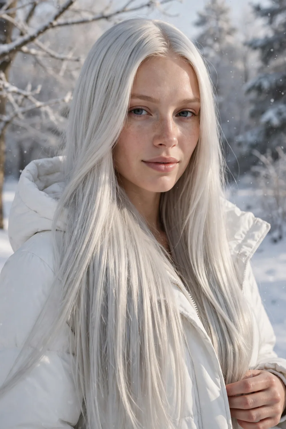 Icy platinum blonde hair with cool silver tones on a woman in a white winter coat