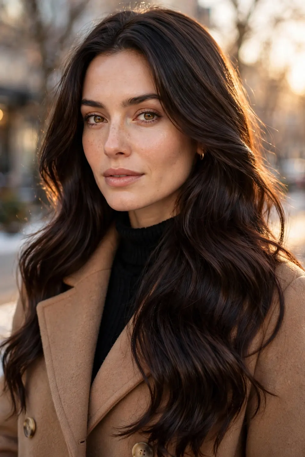 Rich espresso brunette hair with deep glossy brown tones on a woman outdoors