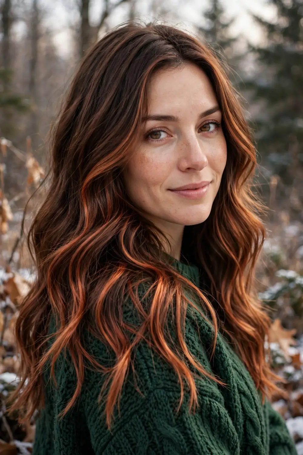 Copper spice balayage with warm reddish tones blended through long wavy hair