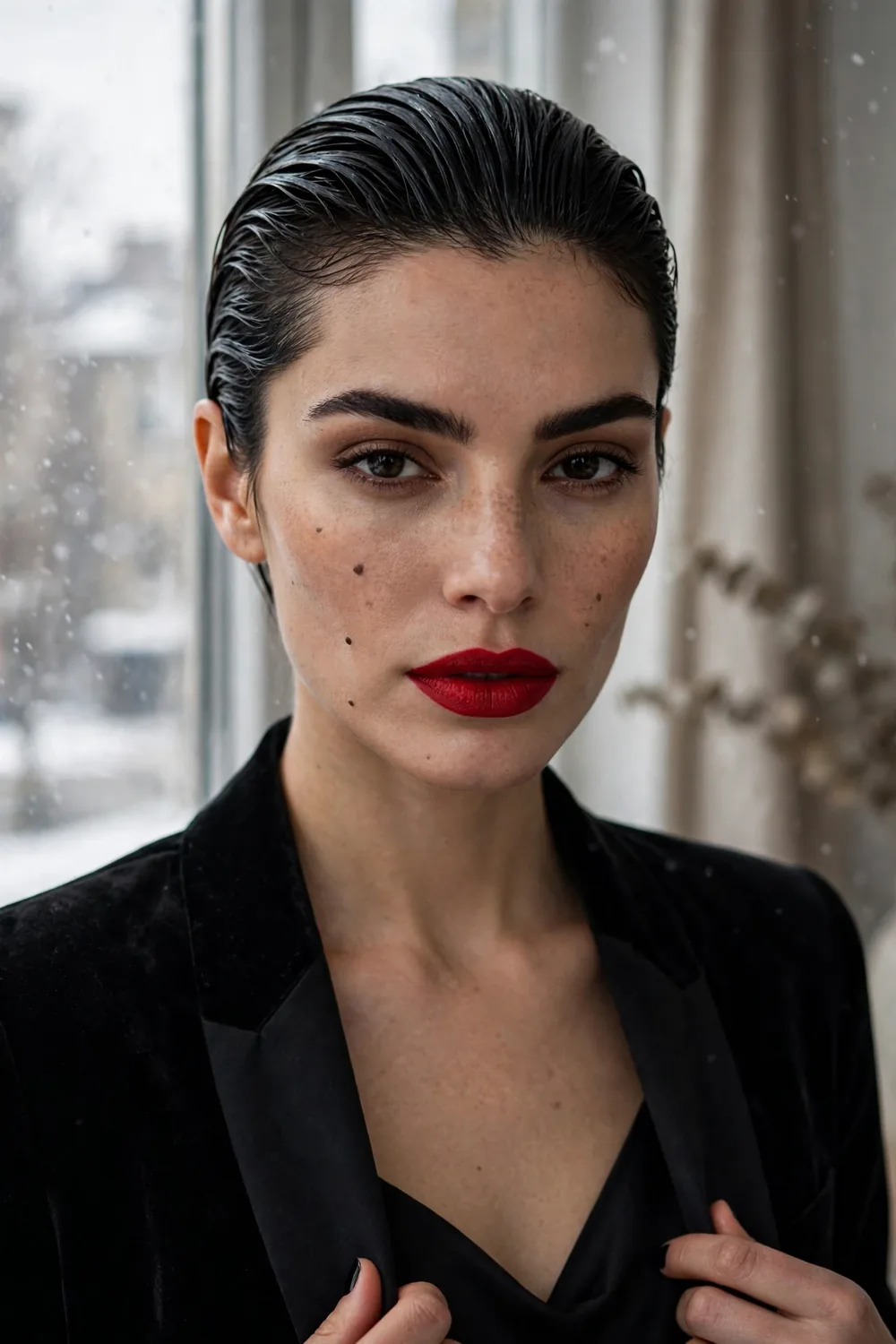 Slicked back wet look hairstyle with glossy combed back hair on a woman at an evening event