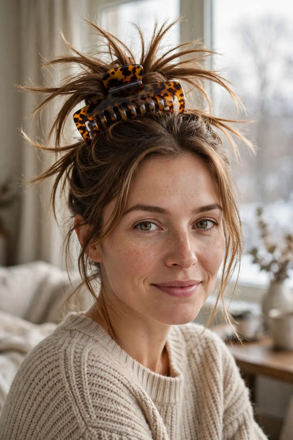 Statement claw clip updo with twisted hair secured by a large tortoiseshell clip