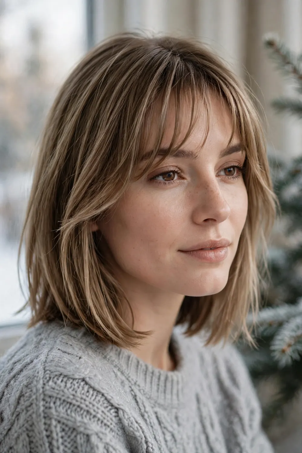Wispy fringe lob with light airy bangs on shoulder length straight hair