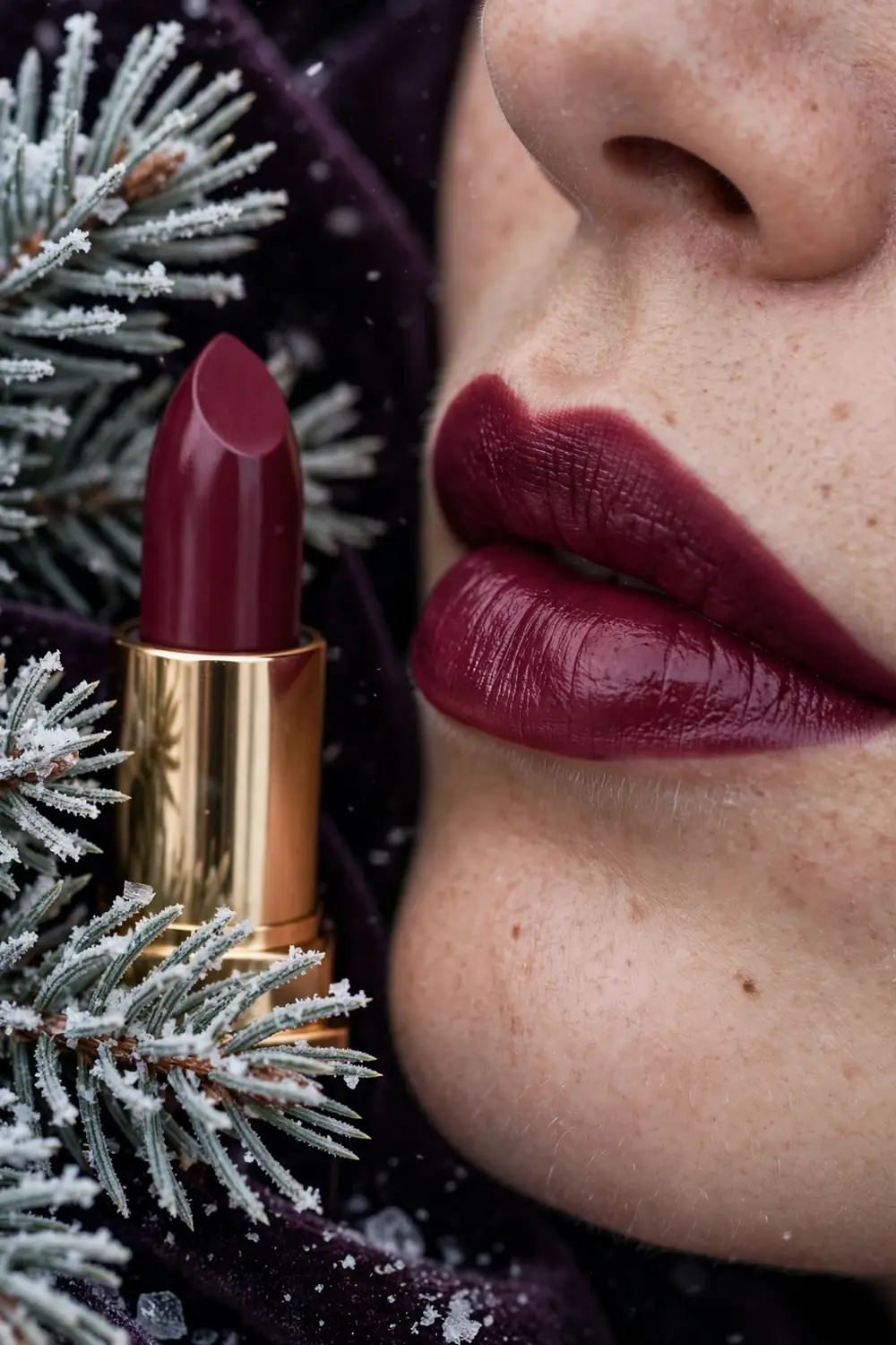 Deep berry lipstick shade with rich plum red colour on lips
