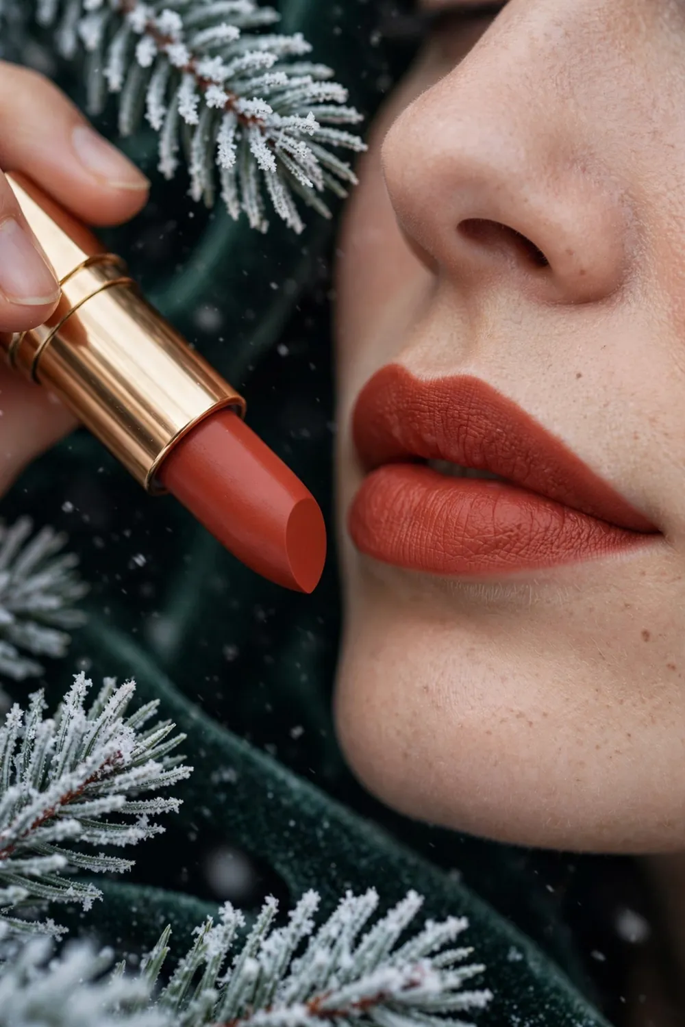 Warm brick red lipstick shade with terracotta warmth on lips
