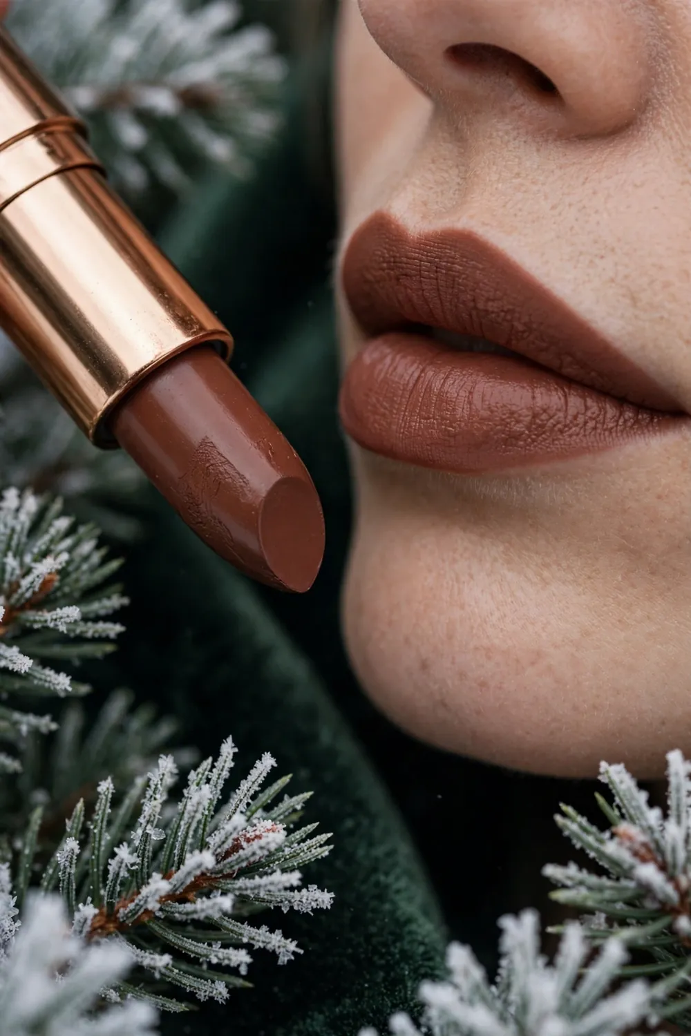 Cocoa brown lipstick shade in warm chocolate tone on lips