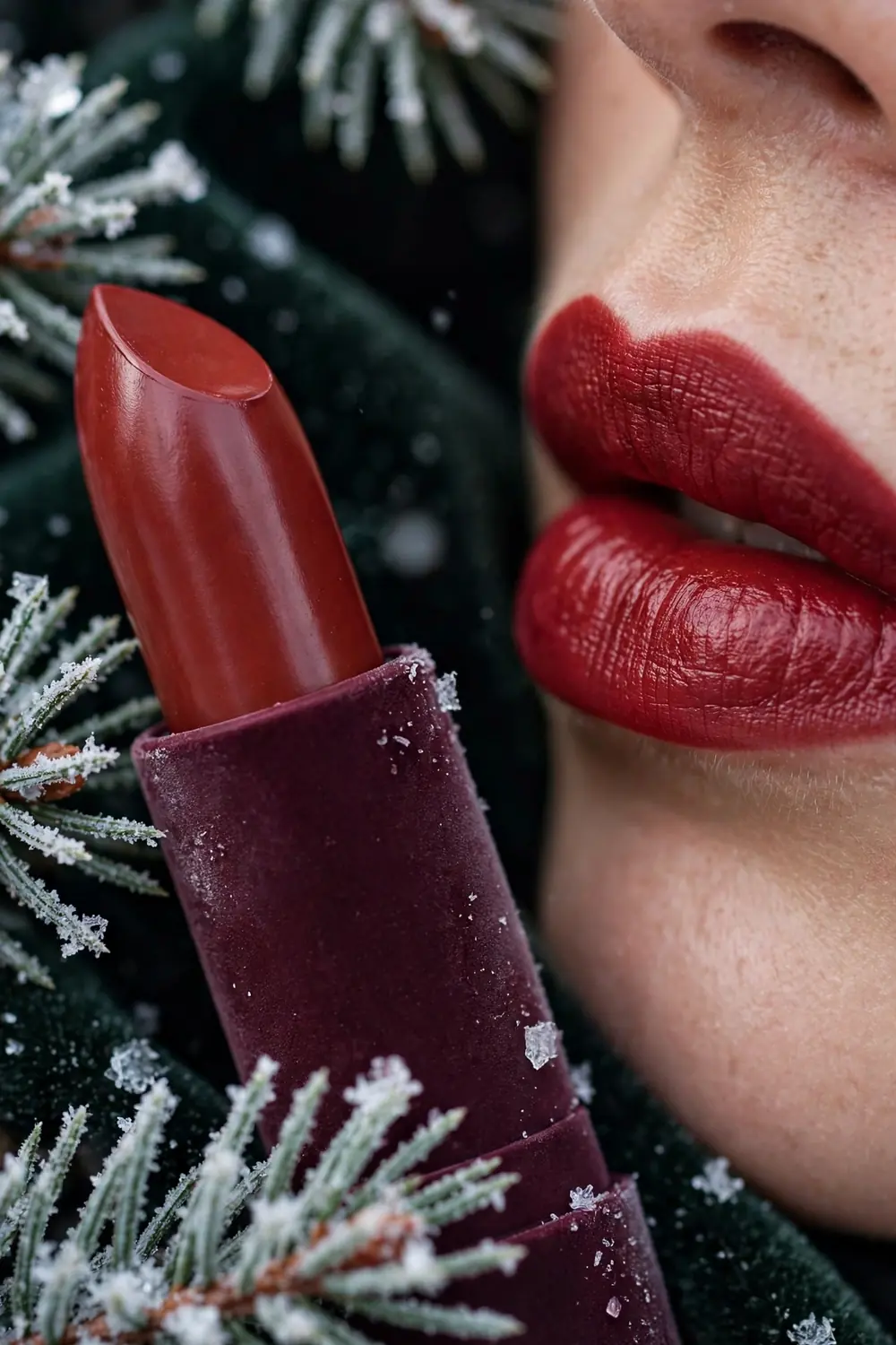 Spiced cranberry lipstick shade in bright red berry tone on lips