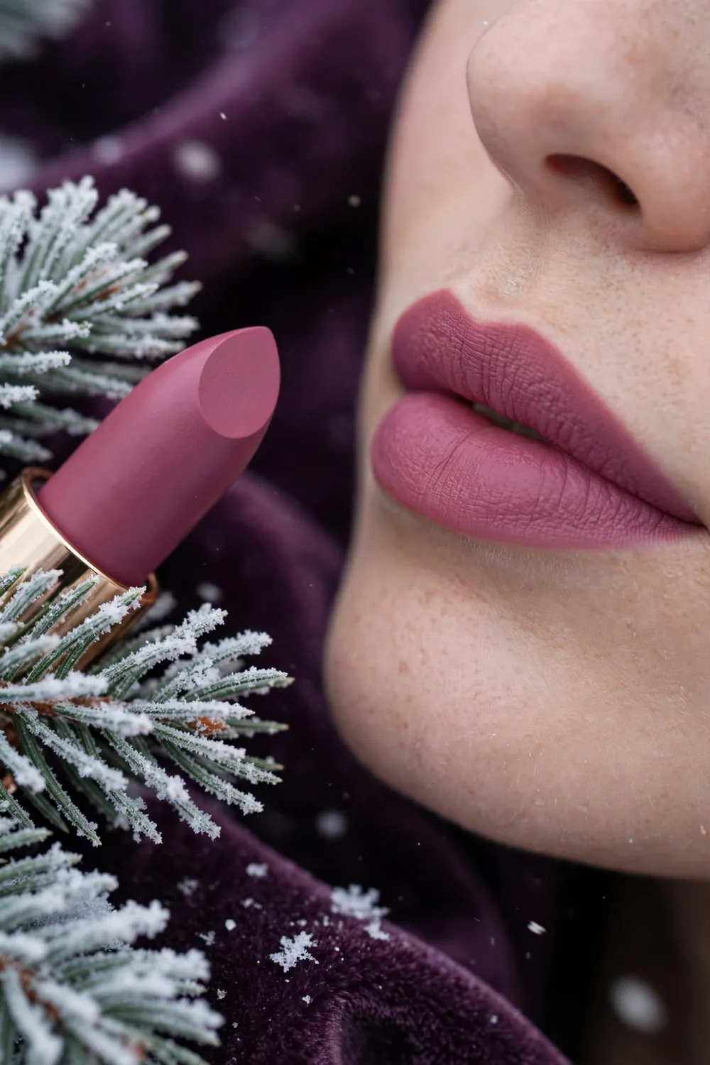 Mulberry matte lipstick shade in deep purple berry on lips