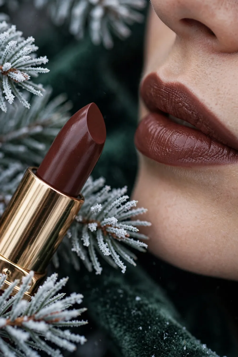 Chocolate cherry lipstick shade blending brown and dark red on lips