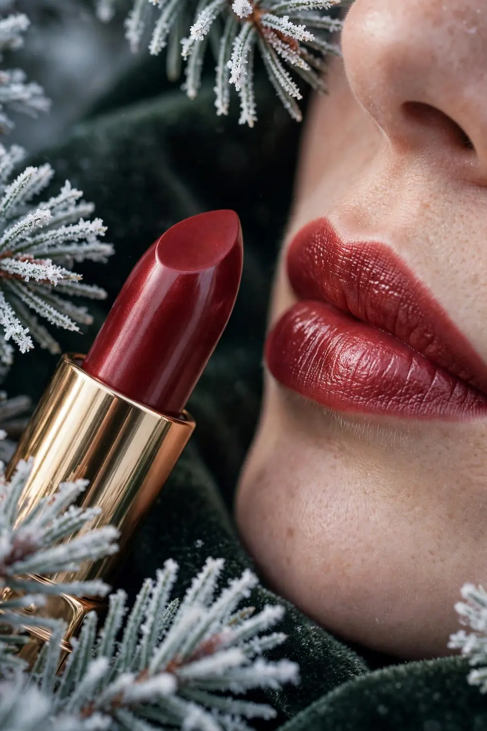 Garnet glow lipstick shade in luminous deep red jewel tone on lips