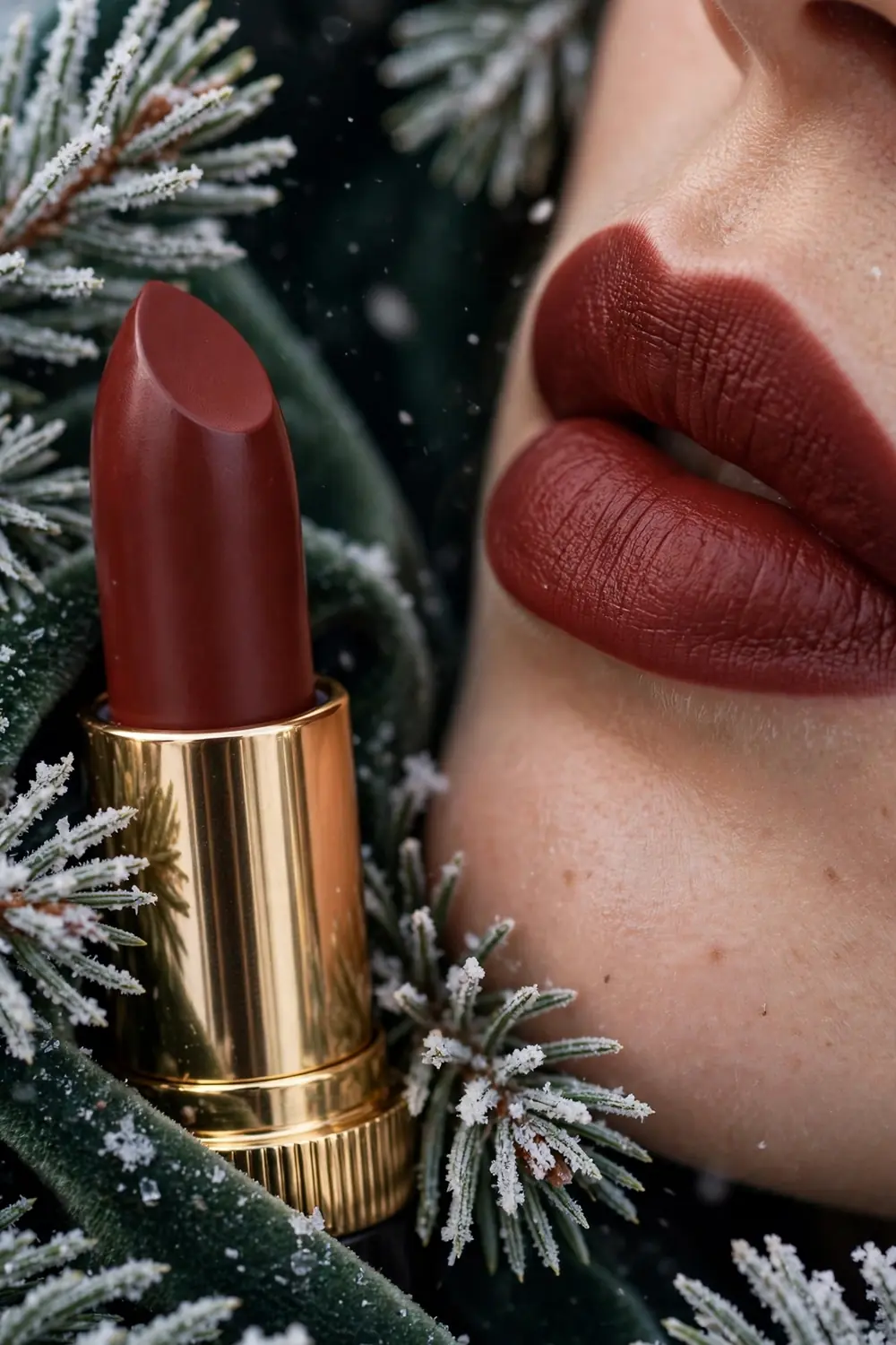 Mahogany lipstick shade in deep red brown on model lips