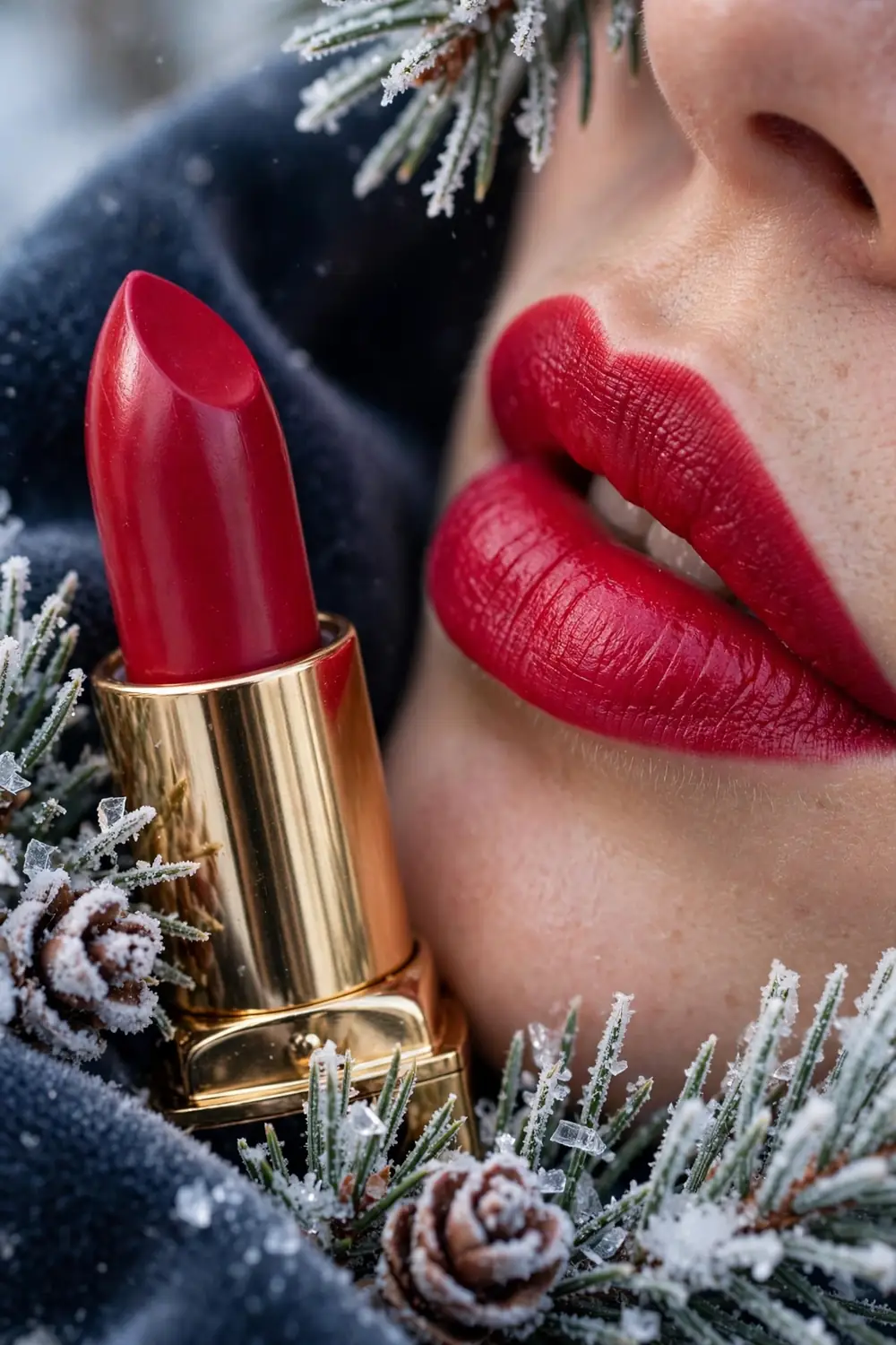 Ruby satin lipstick shade in vivid jewel red on lips