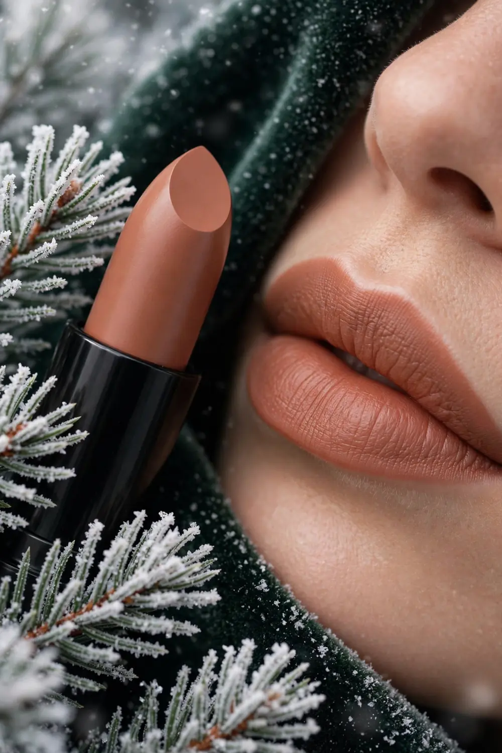 Cinnamon nude lipstick shade in warm spiced neutral on lips