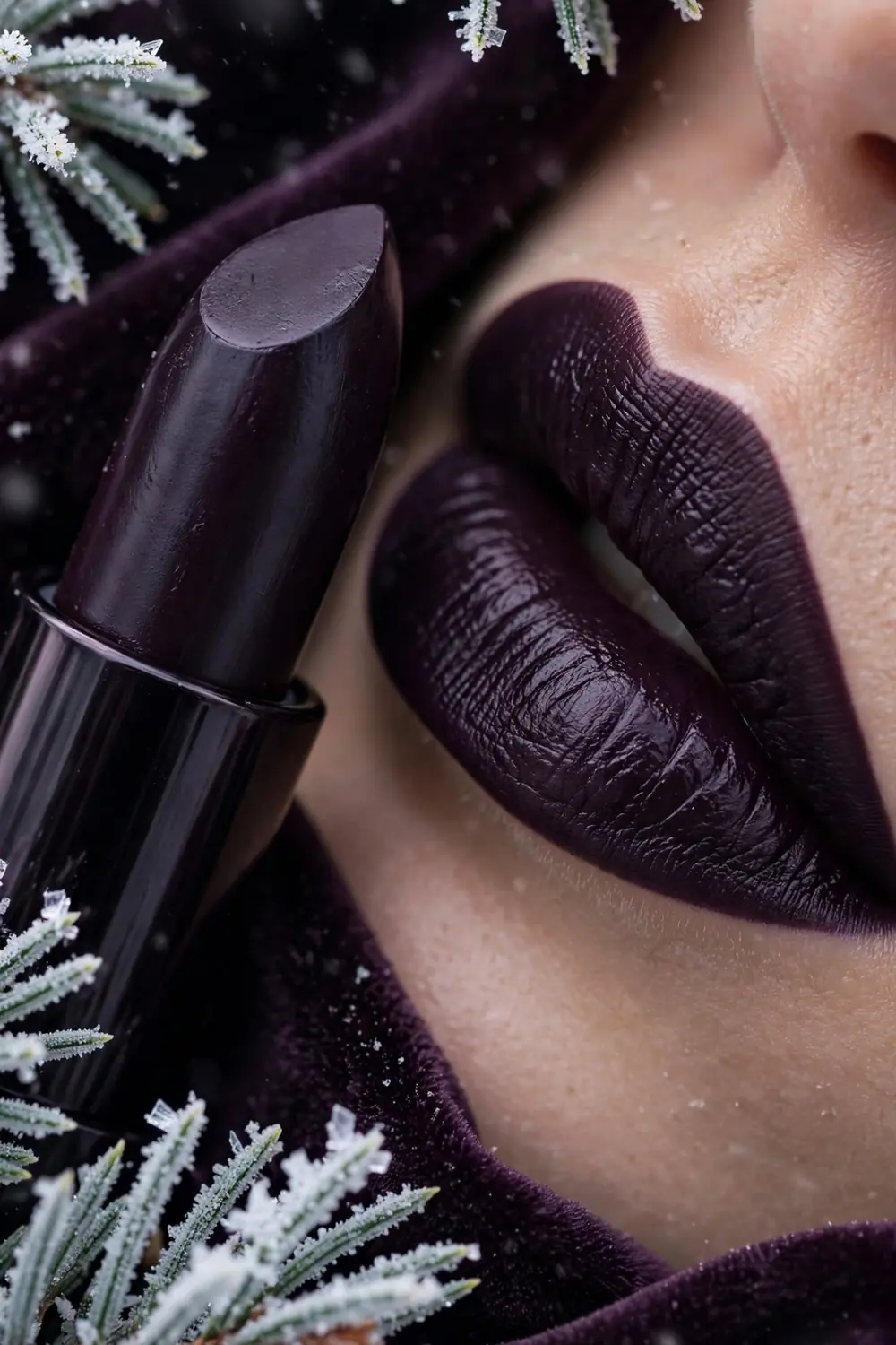 Blackened plum lipstick shade in near black purple on model lips