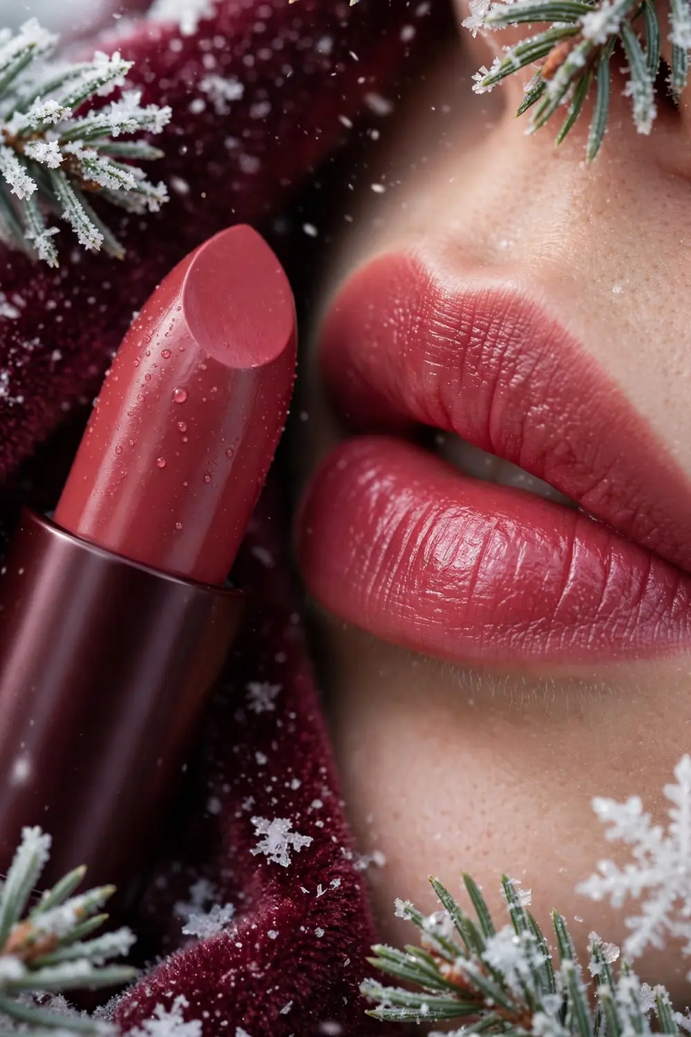 Cranberry cream lipstick shade in soft red pink on lips