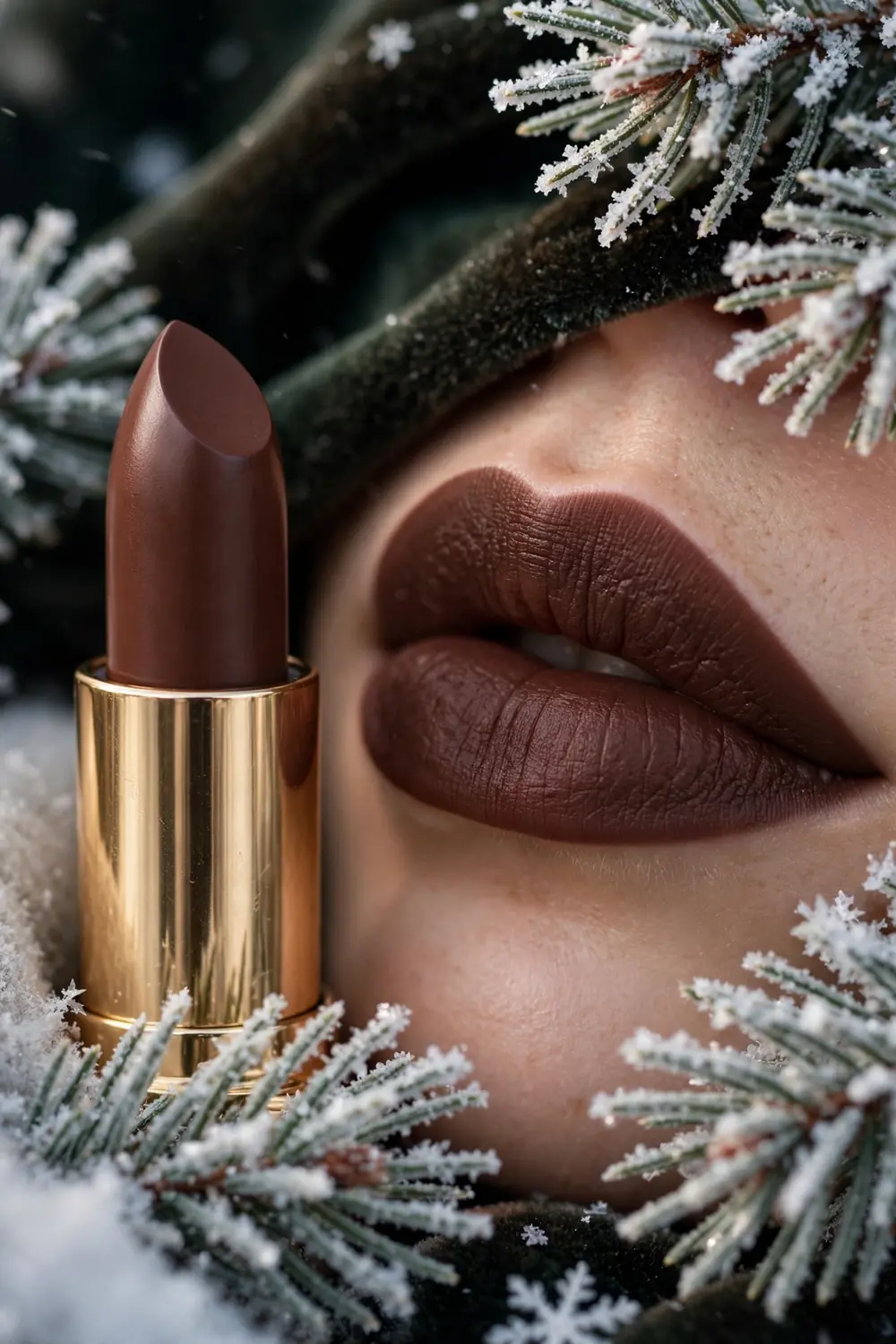 Espresso nude lipstick shade in deep coffee brown on lips