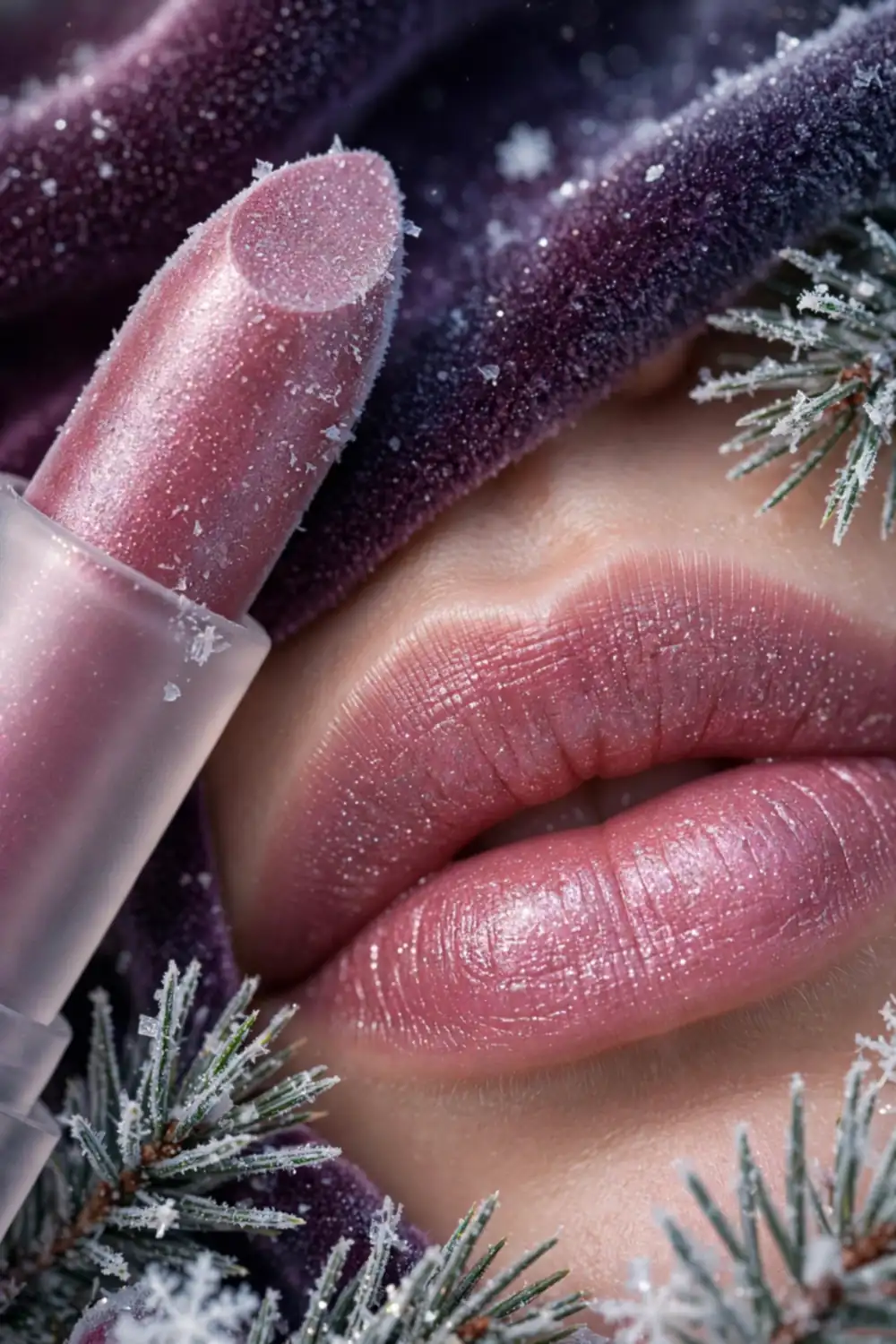 Frosted berry shimmer lipstick shade with icy sparkle on lips