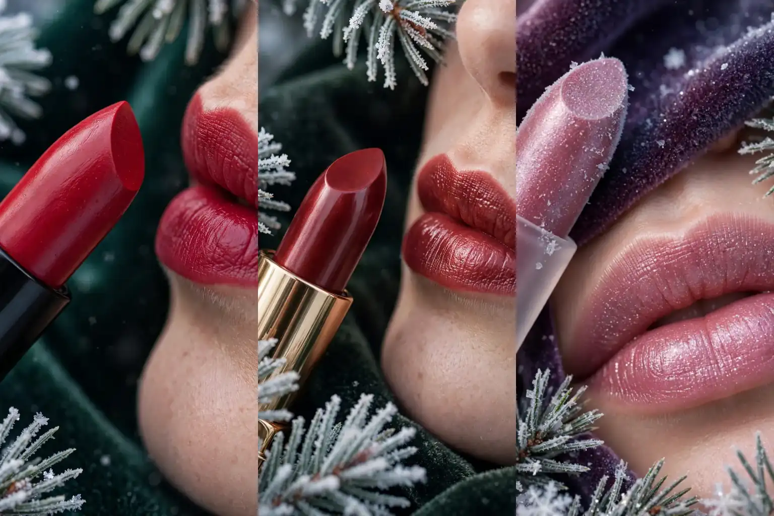 Three winter lipstick shades in deep red berry and plum tones arranged in a collage