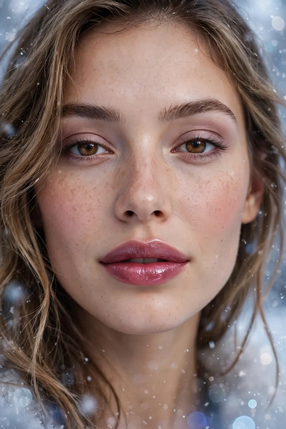 Close up of lips wearing a frosted berry lipstick with a soft sheen in winter light