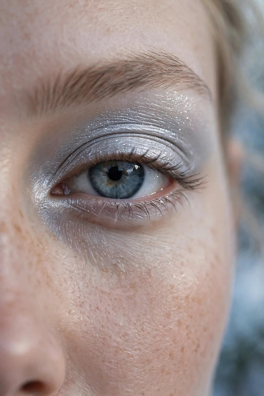 Eye close up with icy silver eyeshadow across the lid and soft blended edges