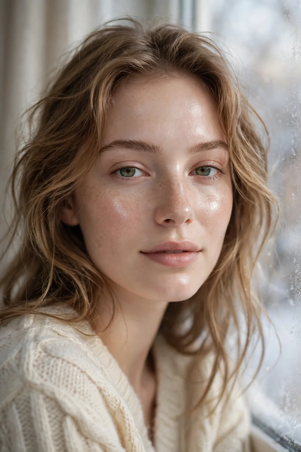 Model with glazed dewy skin base glowing softly in natural winter daylight