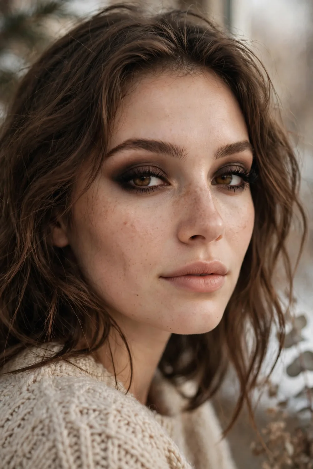 Smokey eye in espresso brown tones with blended edges on a model