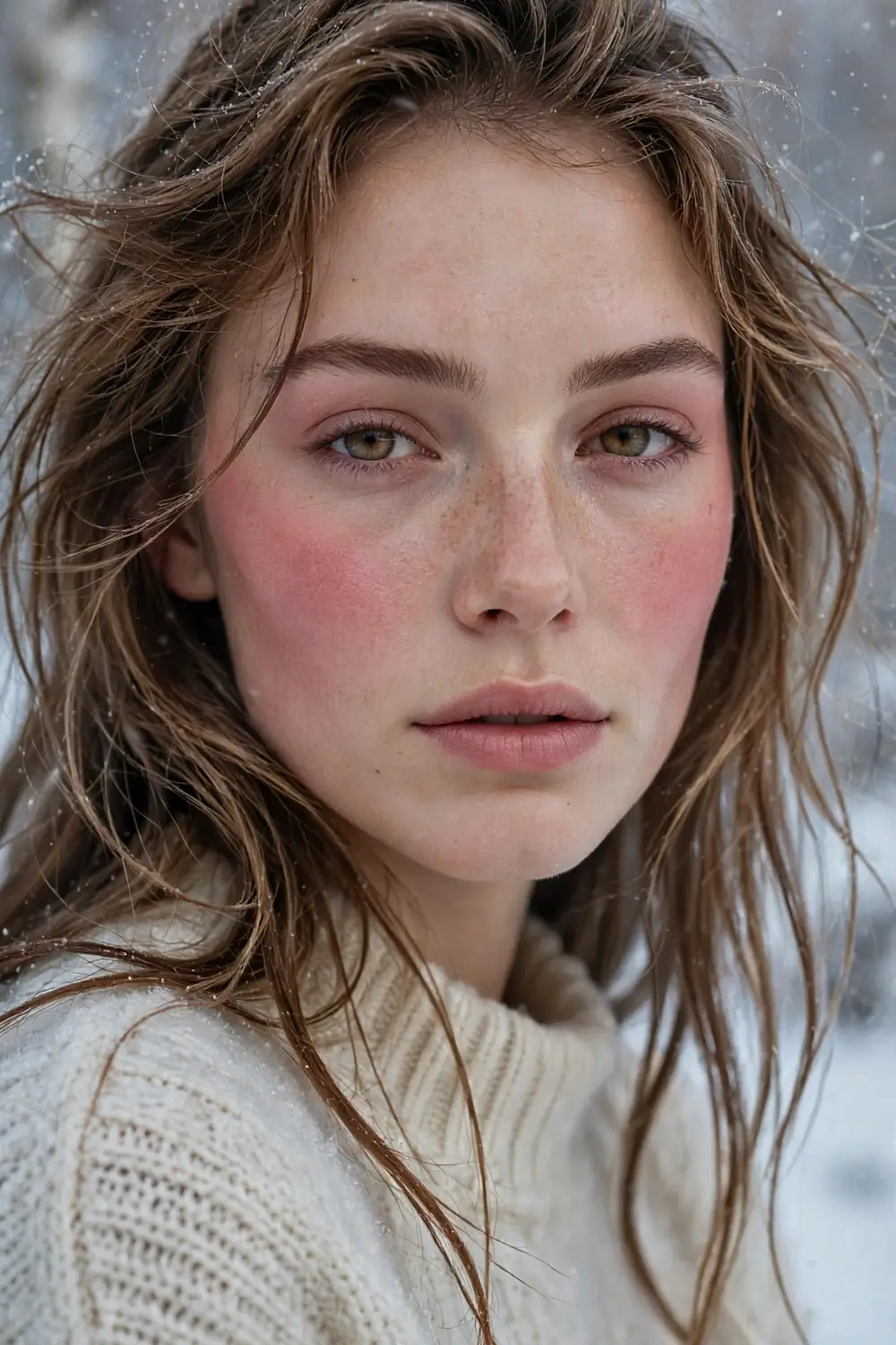 Model with rosy blush draped across cheeks and temples in winter makeup