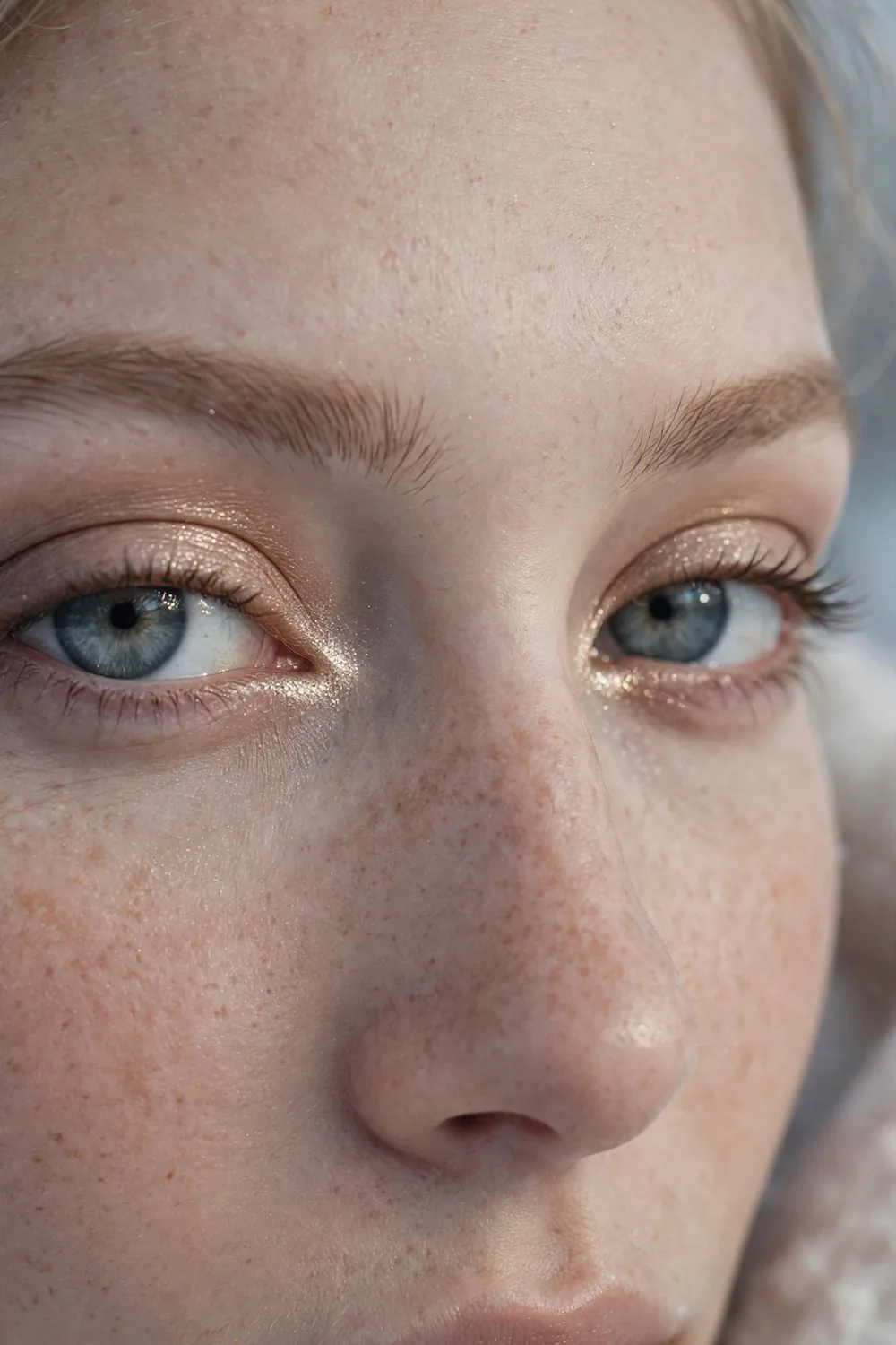 Eye makeup with champagne shimmer glowing in the inner corner of the eye