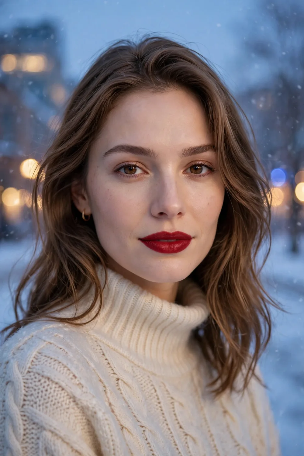 Classic matte red lip on a model with elegant winter makeup